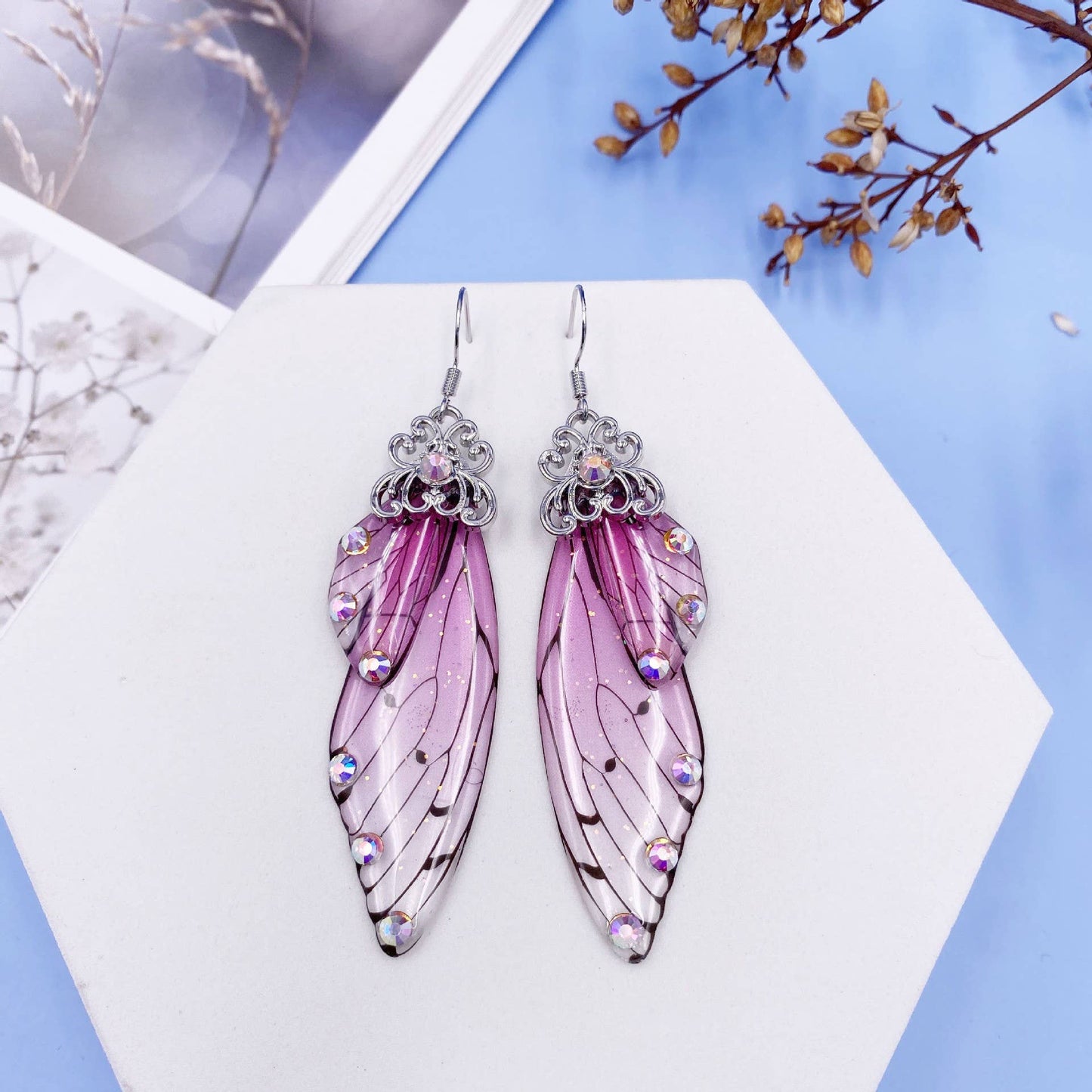 Elegant long earrings with cicada wing wings