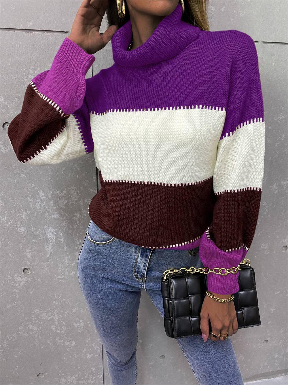 Turtleneck patchwork fashion knit long-sleeved sweater