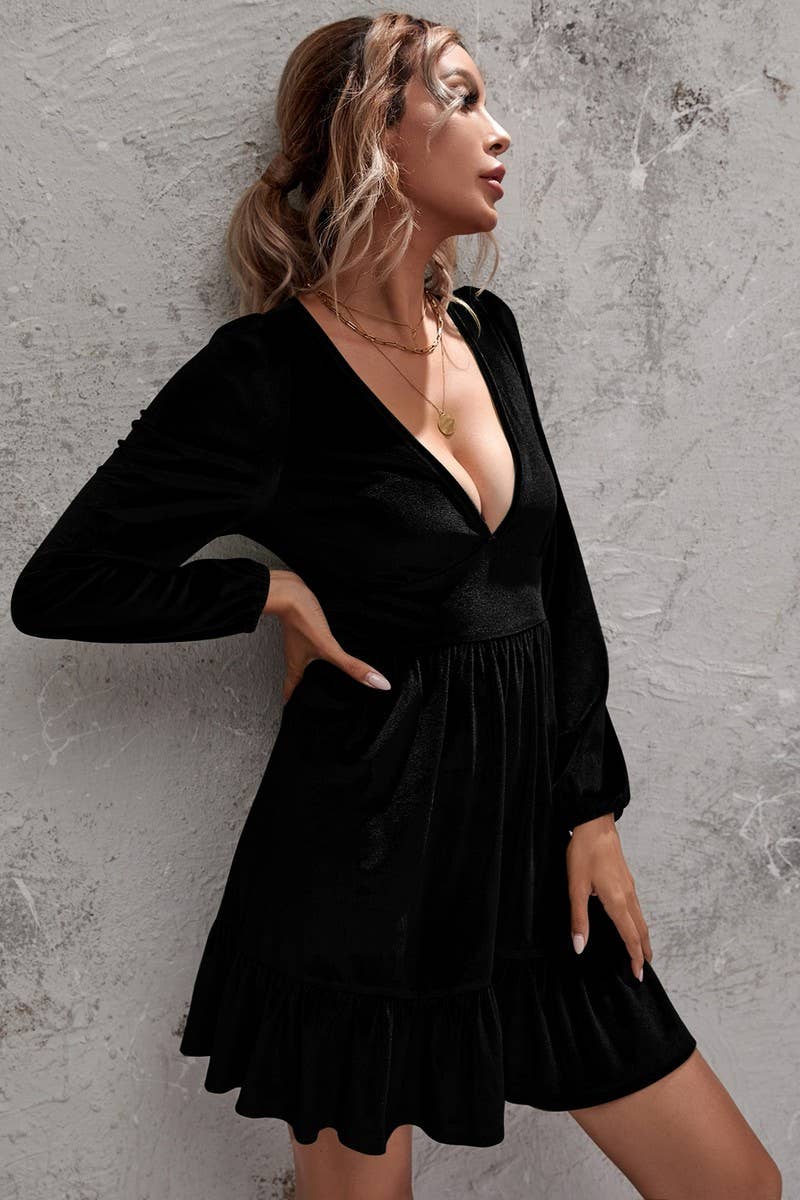 CWDSD6474_DEEP V NECK PUFF SLEEVE VELVET RUFFLE DRESS
