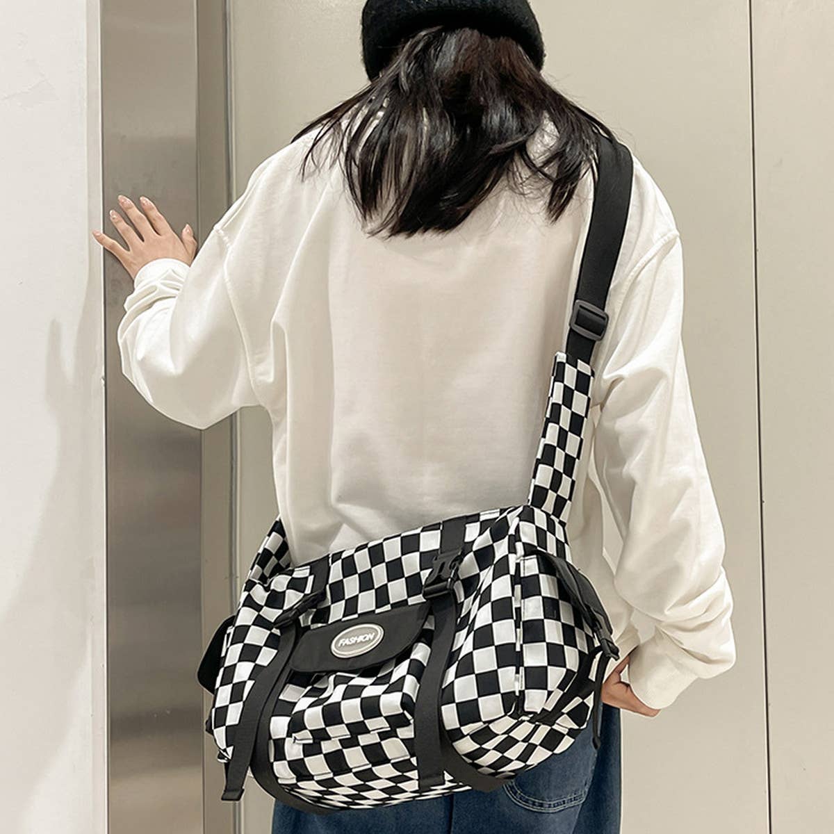 PLAID LARGE CAPACITY SHOULDER CANVAS BAG_CWAB1600