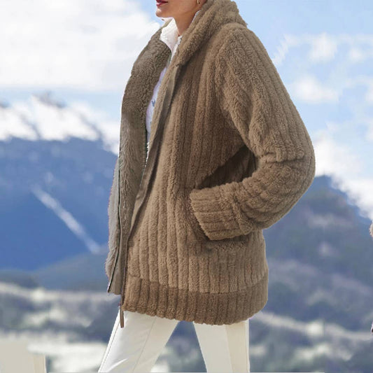 WARM PLUSH MID-LENGTH COAT WITH SOLID LAPELS