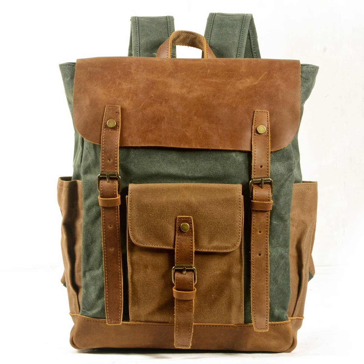Unisex Waxed Canvas Laptop Backpack with Leather_CWAB5535