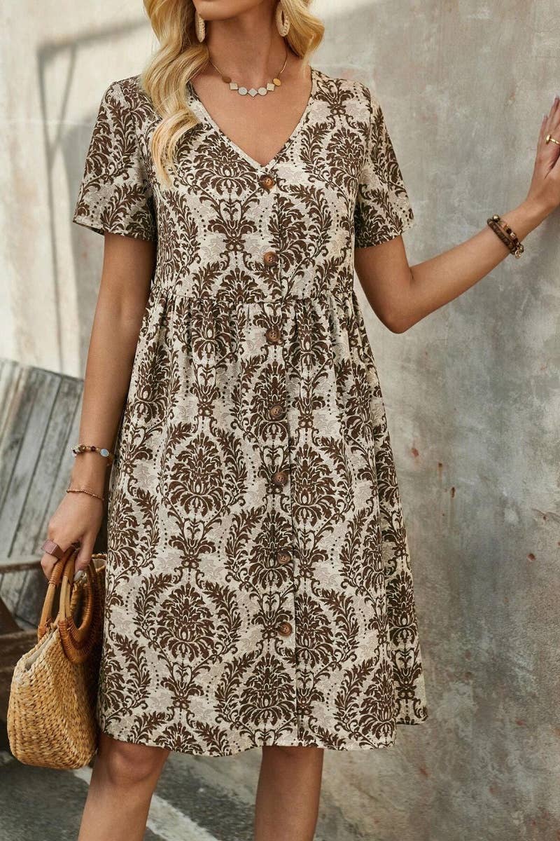 CWDSD4890_SUMMER V-NECK SHORT SLEEVE BOHO PRINT DRESS