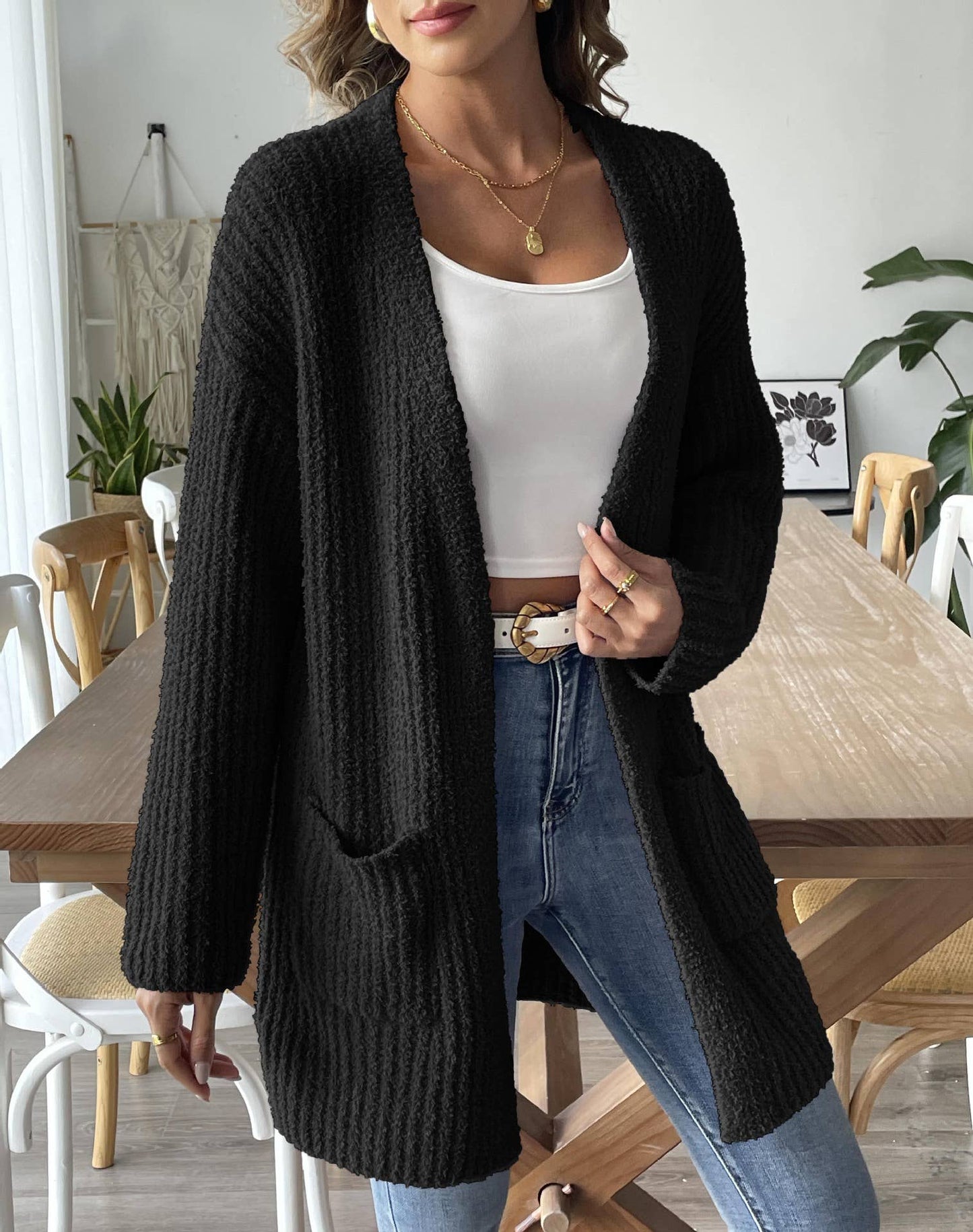 WOVEN SWEATER CASUAL DOUBLE POCKET CARDIGAN