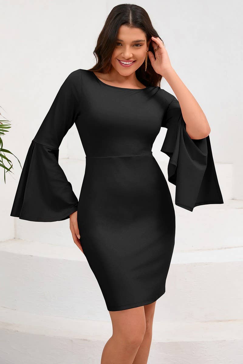 CWDSD6460_SOLID COLOR ROUND NECK TRUMPET SLEEVE HIP DRESS