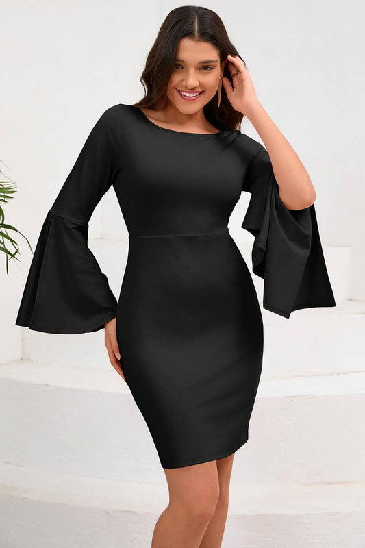 CWDSD6460_SOLID COLOR ROUND NECK TRUMPET SLEEVE HIP DRESS