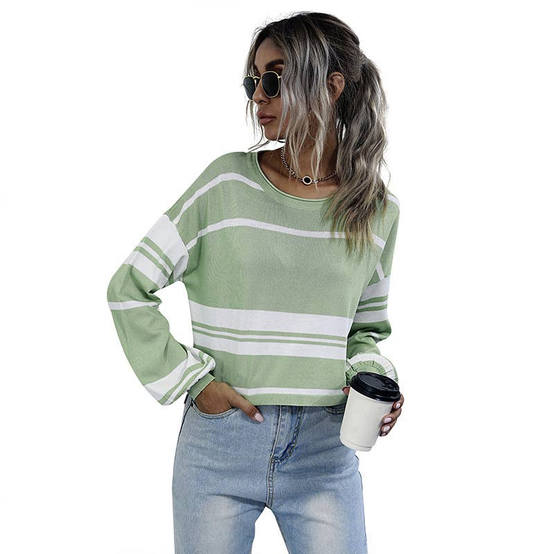 Long sleeve knit short striped sweater