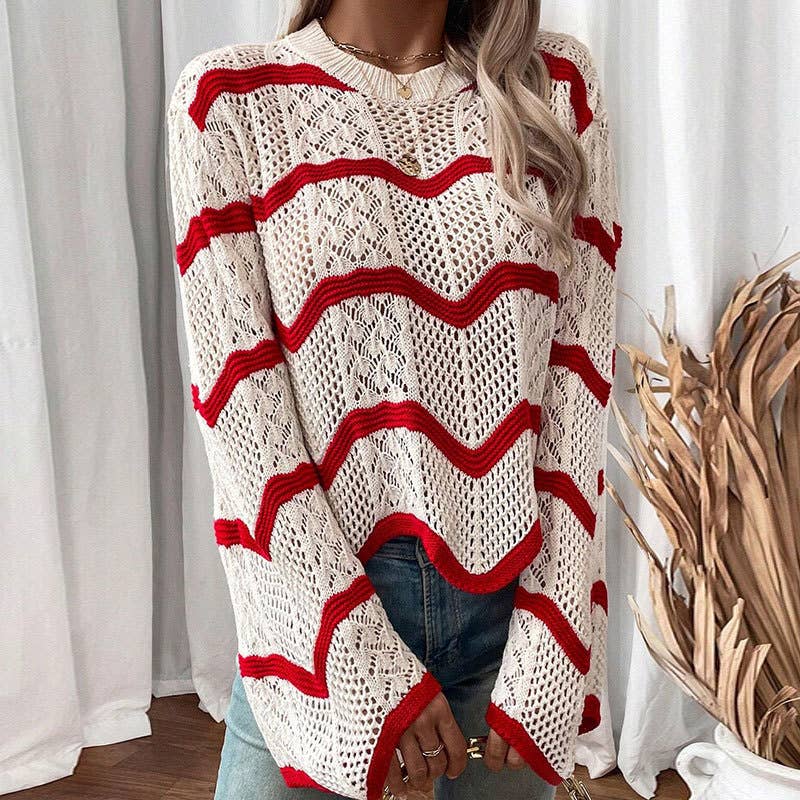 Wavy flared long-sleeved hollowed-out sweater