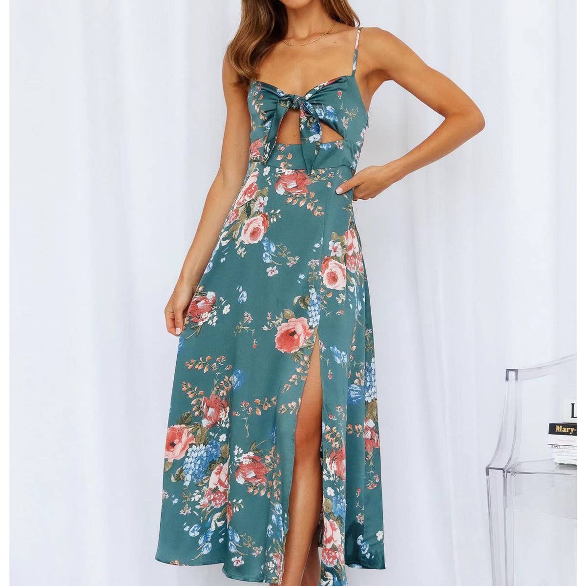 STYLISH SEXY DEEP V PRINTED BOW BACK SPLIT DRESS