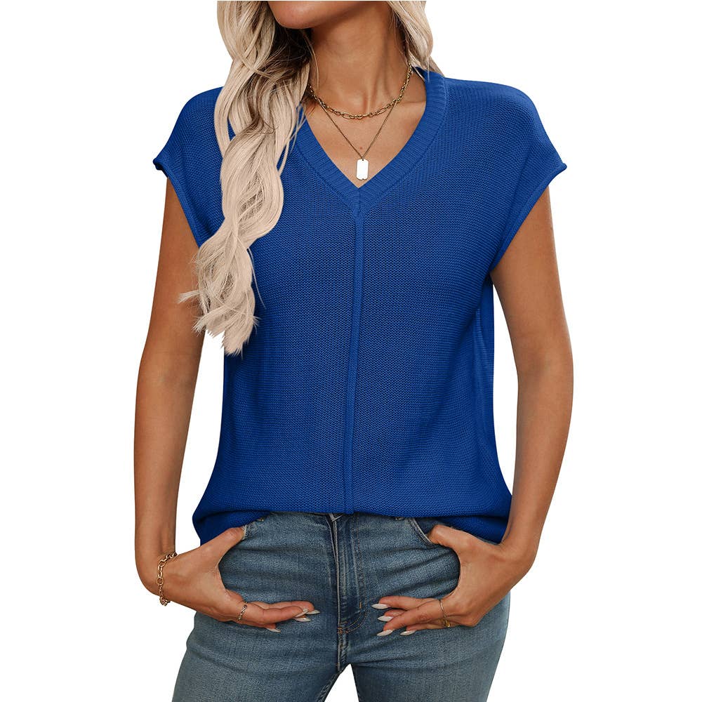 V-neck solid color knitted translucent sweater