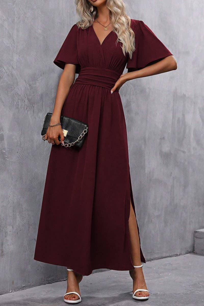 CWDMD4647_SOLID COLOR FLYING SLEEVES HIGH SLIT DRESS
