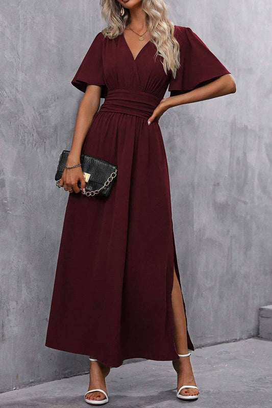 CWDMD4647_SOLID COLOR FLYING SLEEVES HIGH SLIT DRESS
