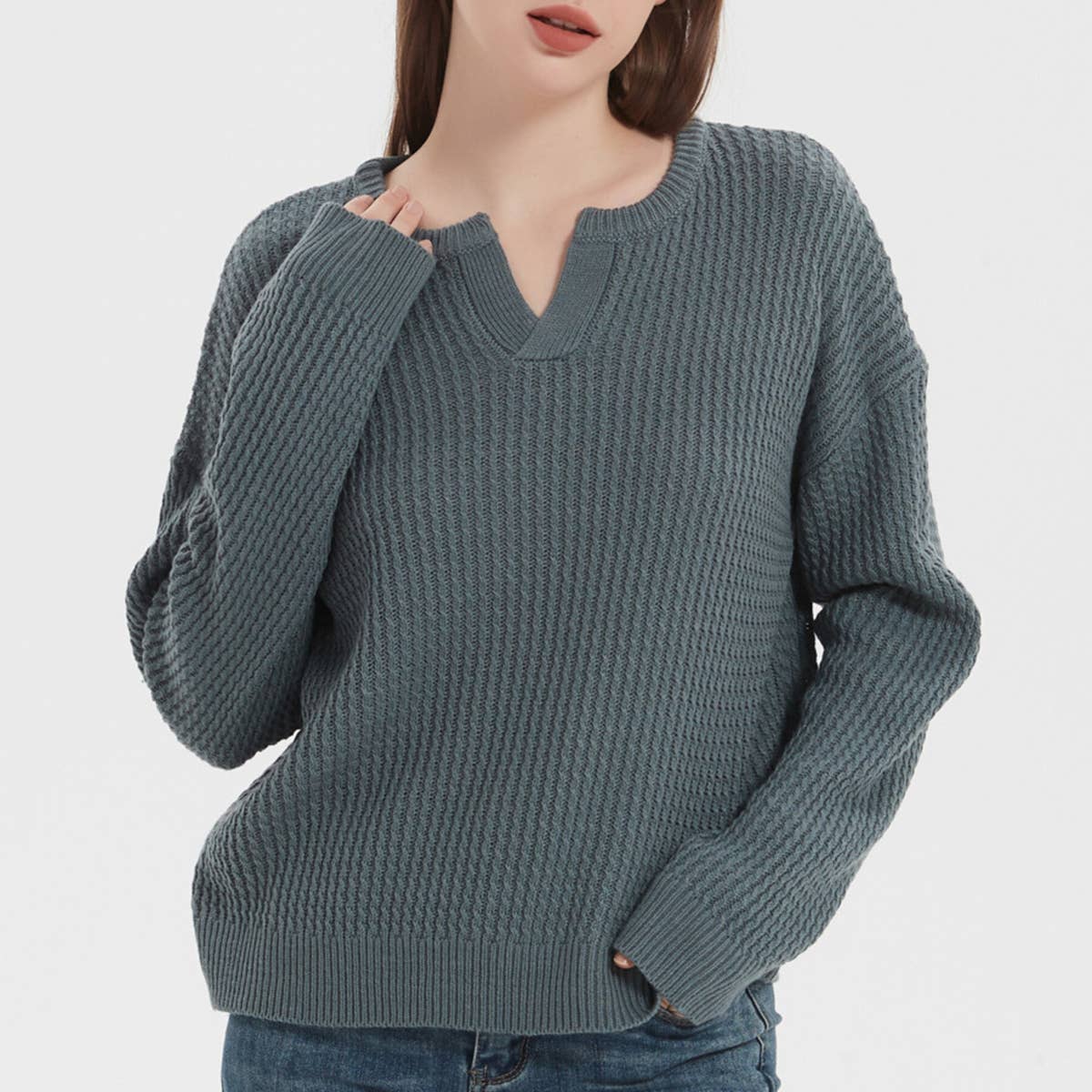 V-NECK SOLID COLOR PULLOVER SWEATER FOR WOMEN