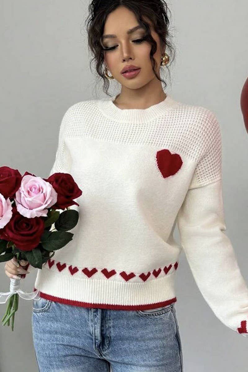 CWOSWL07352_LOOSE PULLOVER CREWNECK HEART KNIT SWEATER
