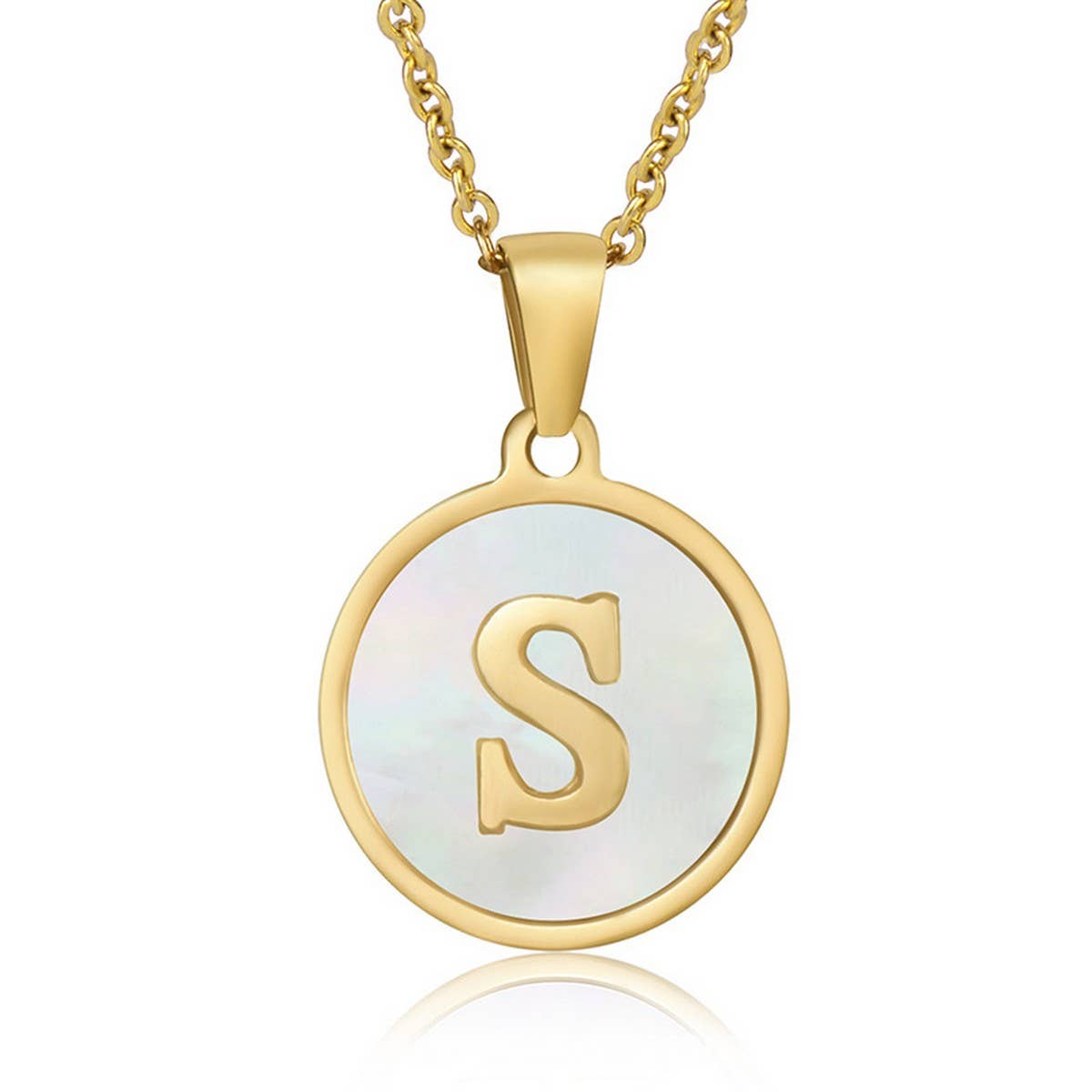 CWAJE1934_Round Stainless Steel White Shell Letter Necklace