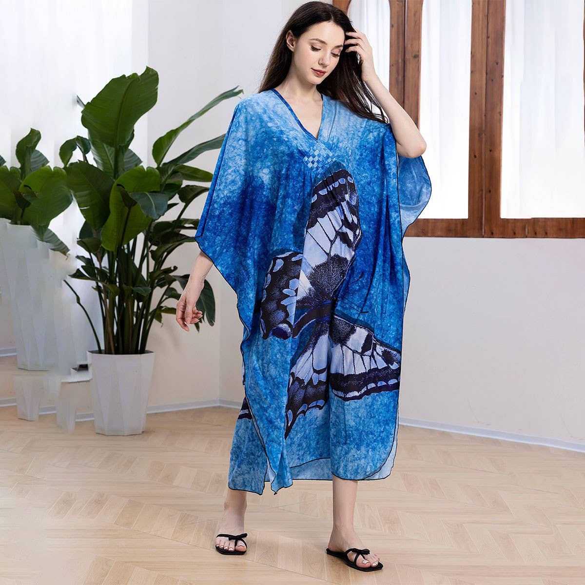 Plus Size Butterfly Print Beach Cover-Up Dress_CWMM6199