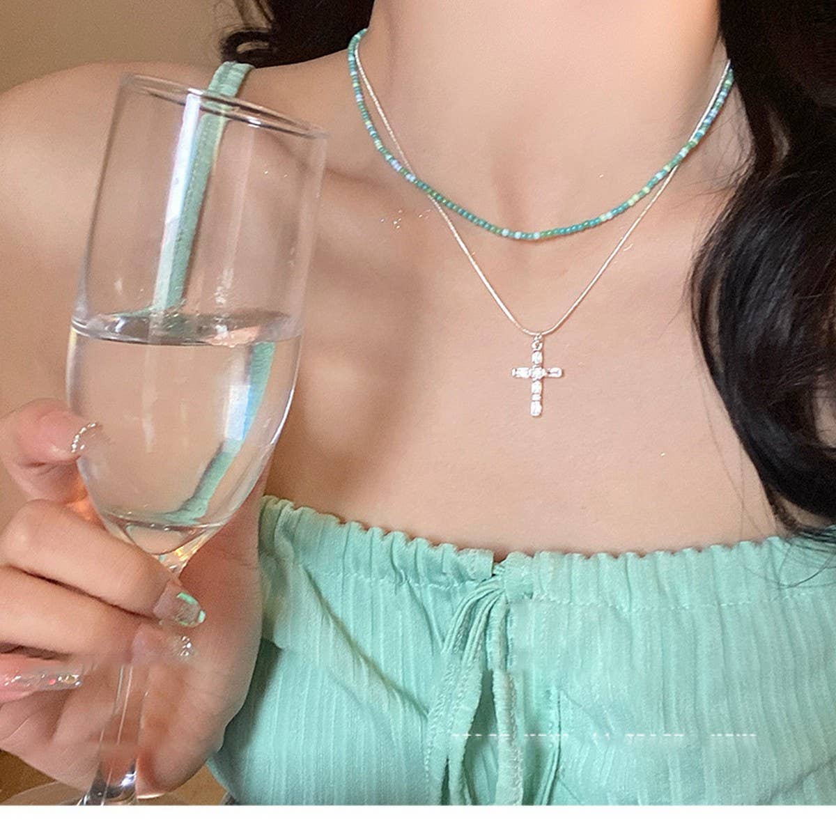 DOUBLE LAYERED CROSS PENDANT NECKLACE