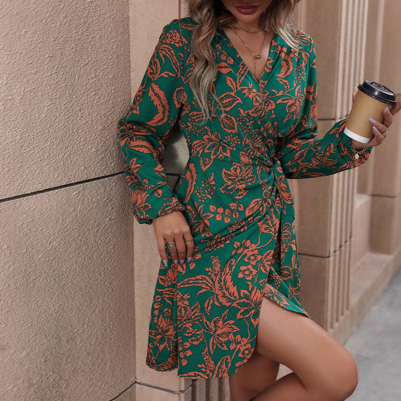 V-NECK ONE-PIECE PRINT SHORT DRESS