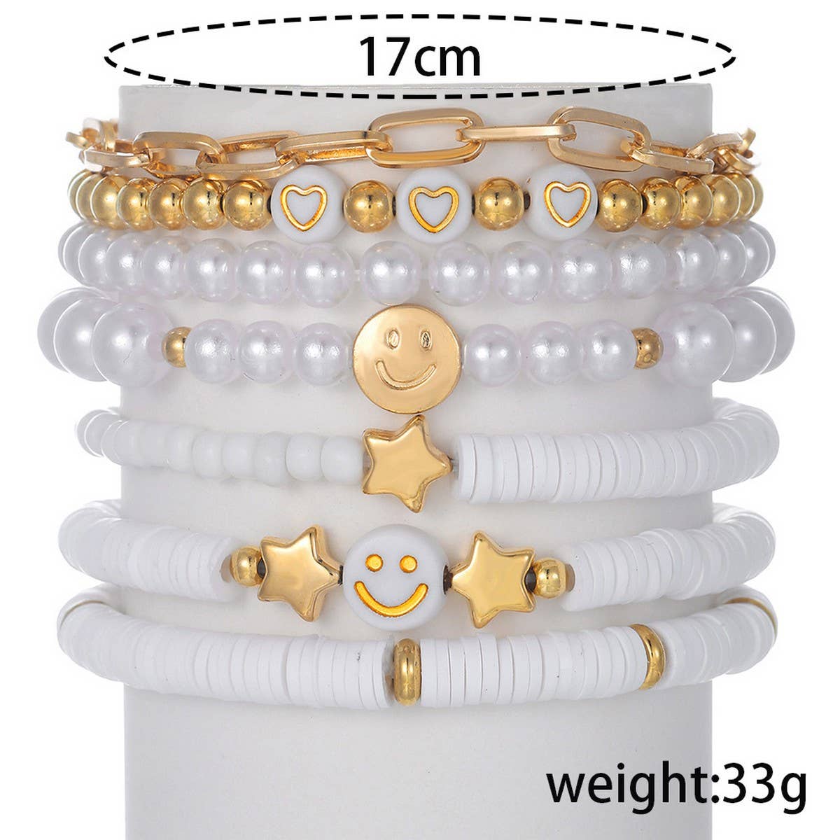 WHITE POLYMER CLAY STAR SMILEY FACE BRACELET SET