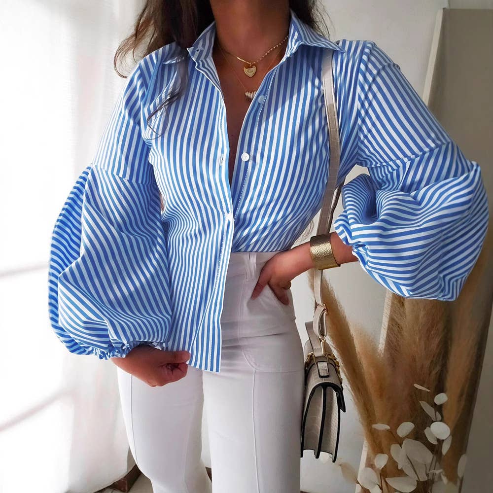 LIGHT BLUE STRIPED LANTERN SLEEVE SLIM-FIT SHIRT