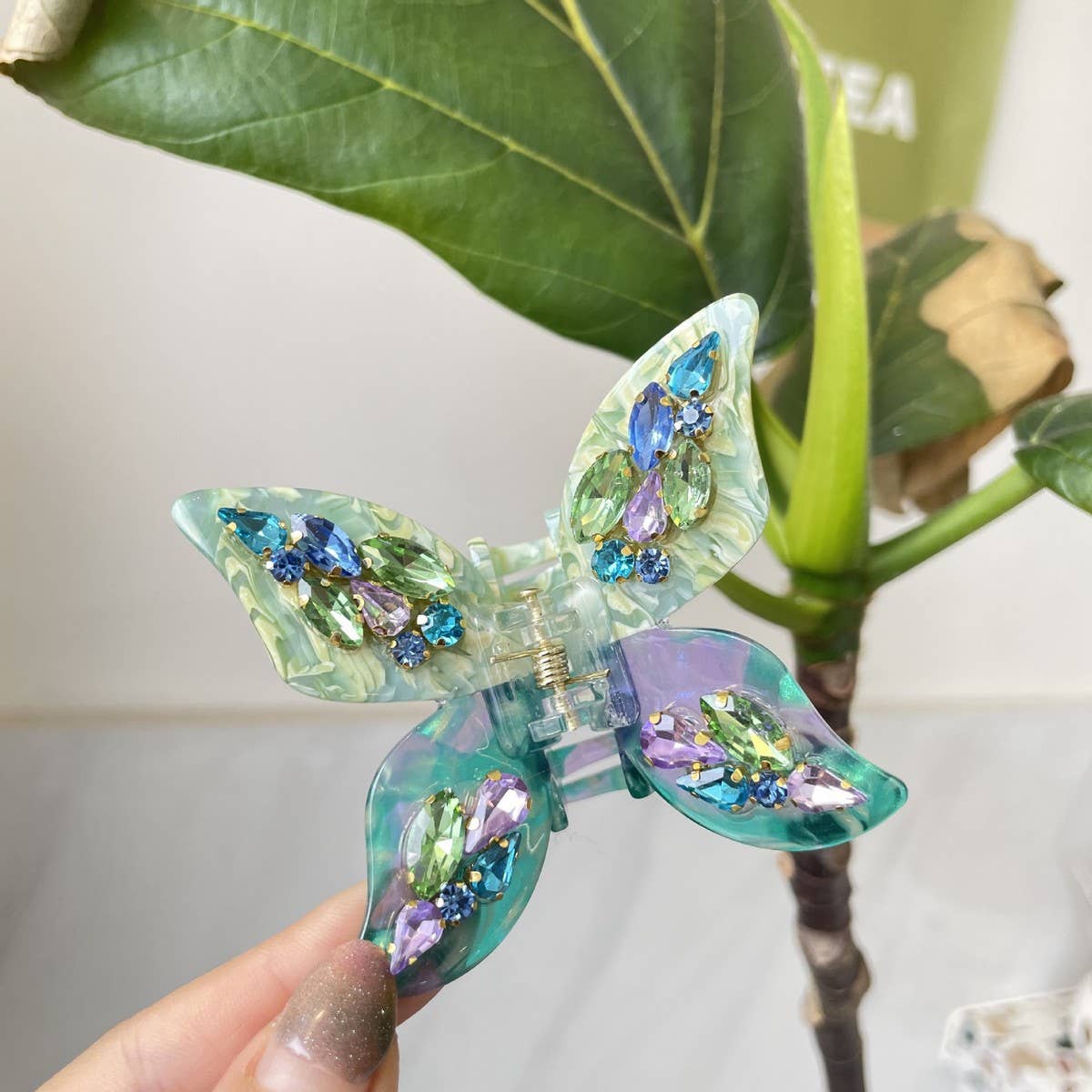 3D Butterfly Hair Claw, Rhinestone Floral Acetate _CWASC1583