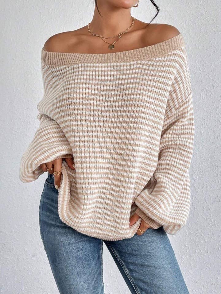 Striped off-the-shoulder sleeve knitted sweater