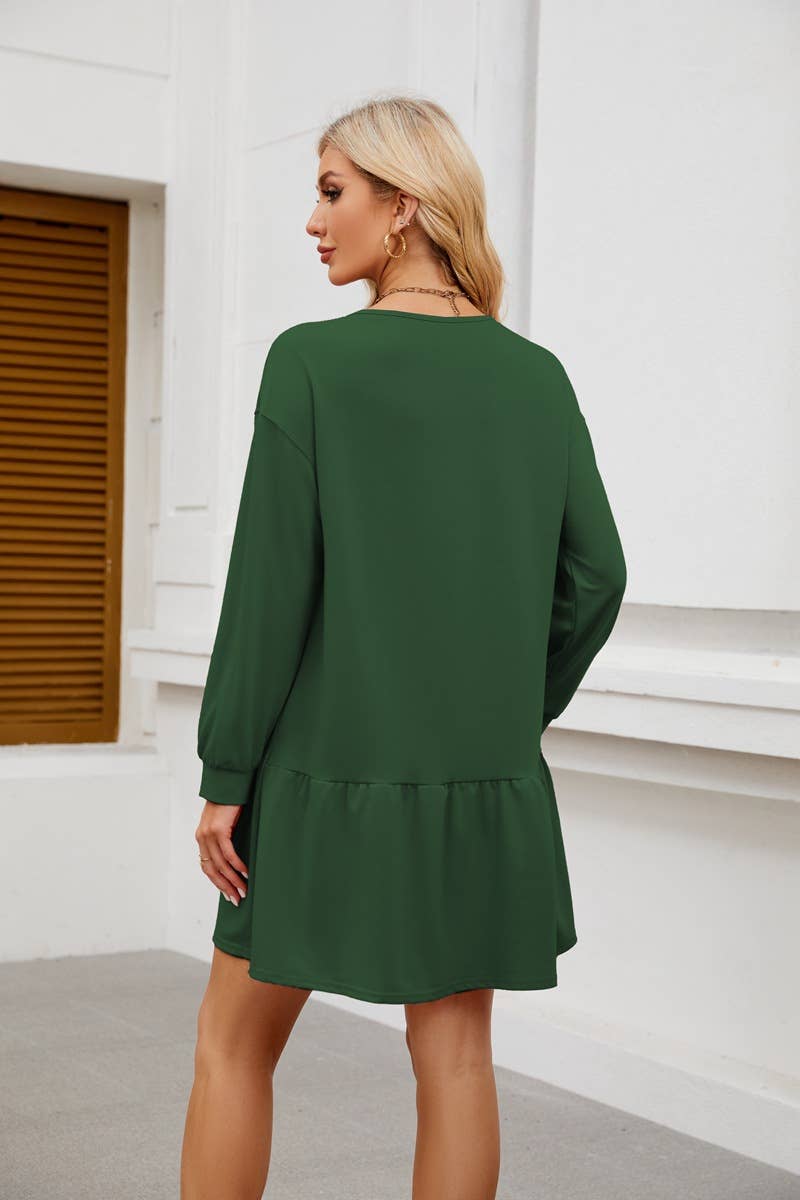 ROUND NECK LONG SLEEVE SOLID COLOR SHORT DRESS