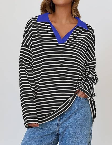 STRIPED V-NECK LOOSE LONG-SLEEVED HOODIE