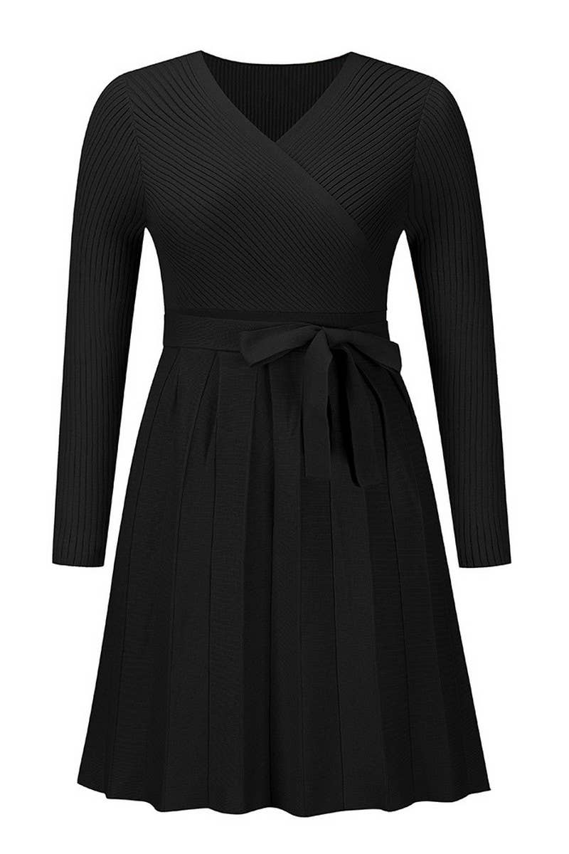 CWDSD6463_V-NECK TIE PLEATED KNITTED SHORT A-LINE DRESS