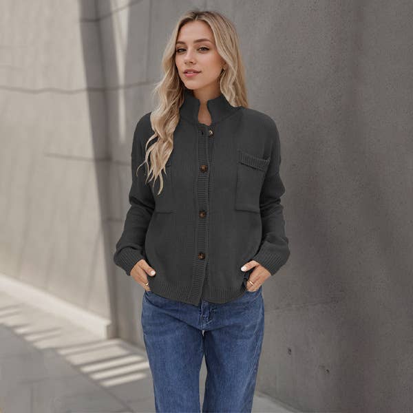 KNIT V-NECK LARGE SIZE SOLID COLOR CARDIGAN