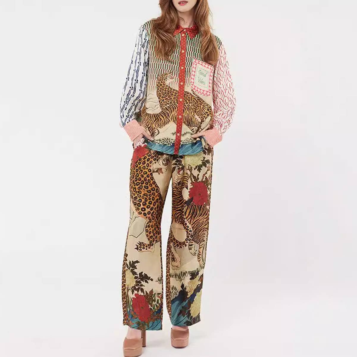 LEOPARD PRINT LONG SLEEVE SHIRT AND TROUSERS SUIT