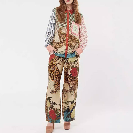 LEOPARD PRINT LONG SLEEVE SHIRT AND TROUSERS SUIT