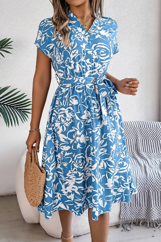 CWDMD2629_SUMMER V-NECK BAT-SLEEVE FLOWER DRESS LONG