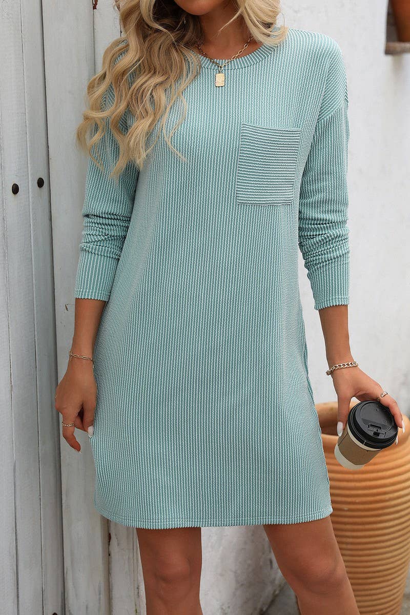 CWDSD5978_TWIST STRIPE LONG SLEEVE POCKET DRESS