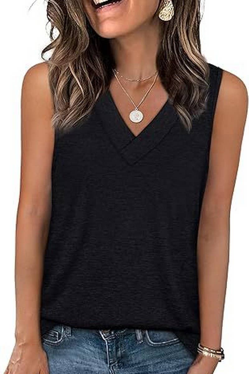 Cwtblsl0908_Solid V-Neck Sleeveless Casual Tank Top