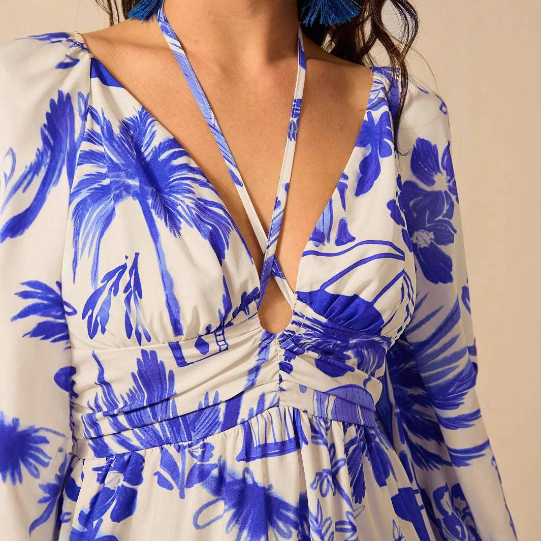 V-neck cinched waist lantern sleeve lace-up dress