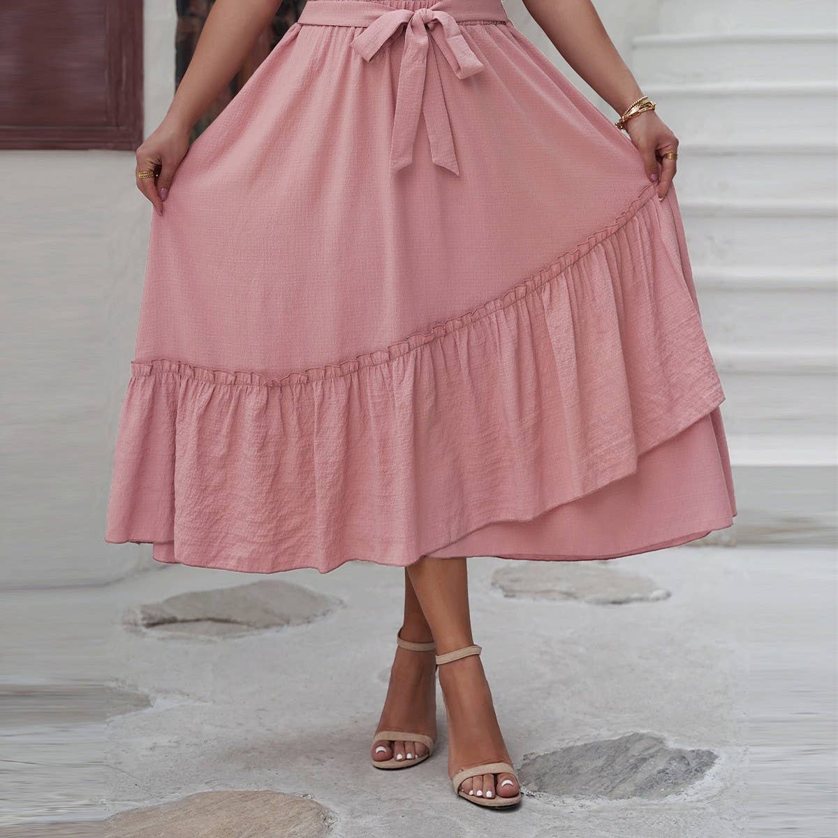 PLUS-SIZE CASUAL LACEUP PATCHWORK WRINKLE SKIRT_CWBMS0097