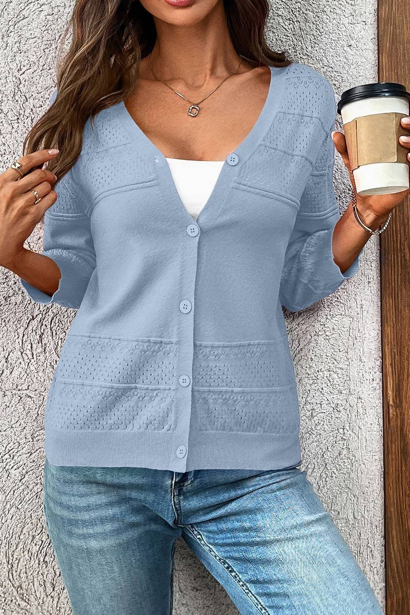 CWOCAL2303_THREE-QUARTER SLEEVE HOLLOW KNIT V-NECK CARDIGAN