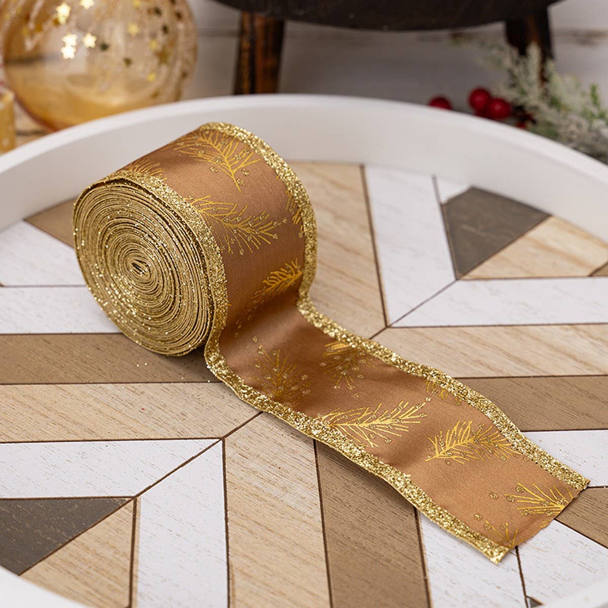CWMM10201_CHRISTMAS GLITTER RIBBON GOLD GIFT WRAP BOW CRAFT