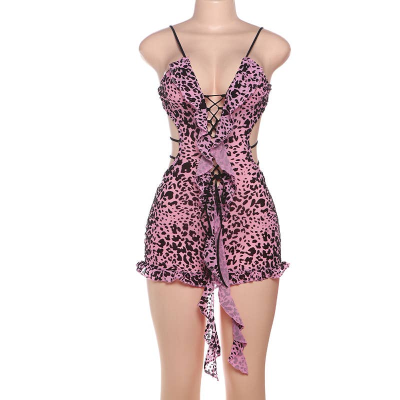 Low-cut, hollowed-out lace-up tight jumpsuit