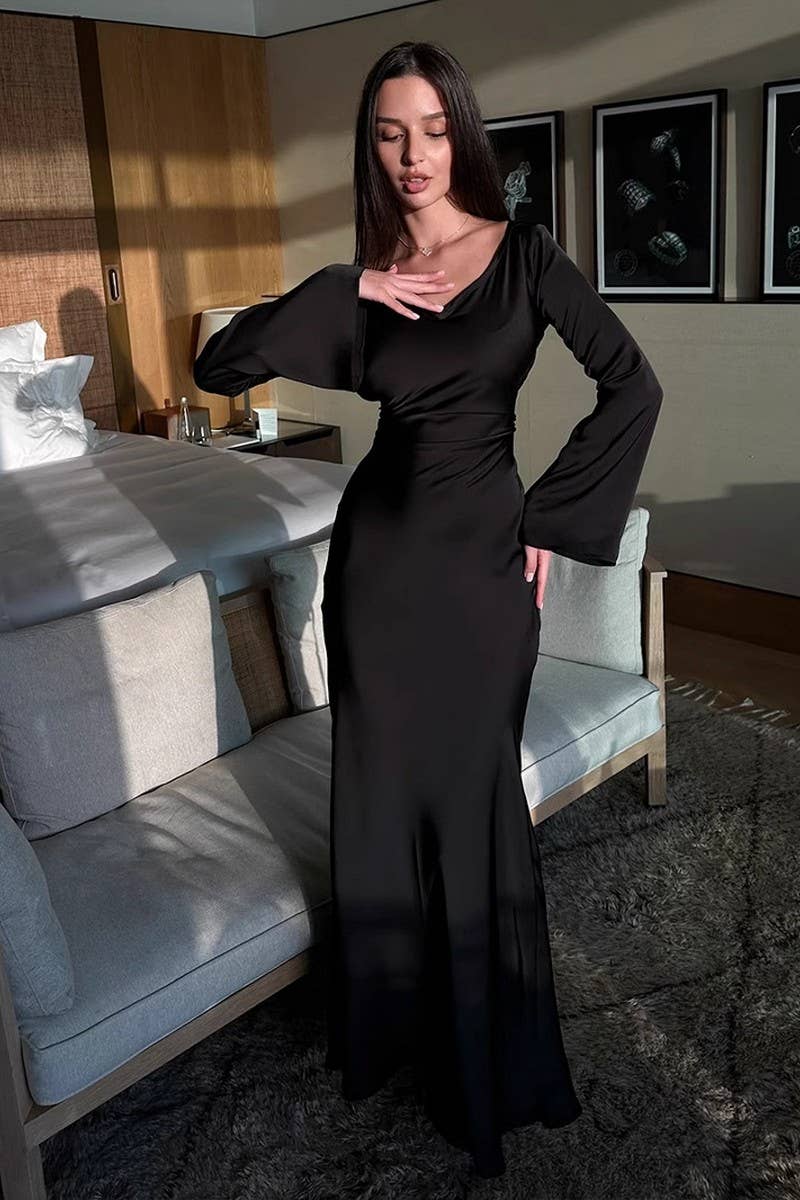 CWDMD5245_SIMPLE LONG SLEEVE FISHTAIL BODYCON DRESS