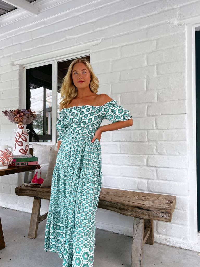 Print puffed sleeves large swing long waist dress
