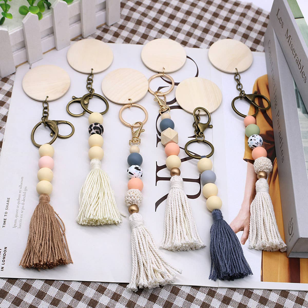 ROUND WOODEN BEADED TASSEL KEYCHAIN