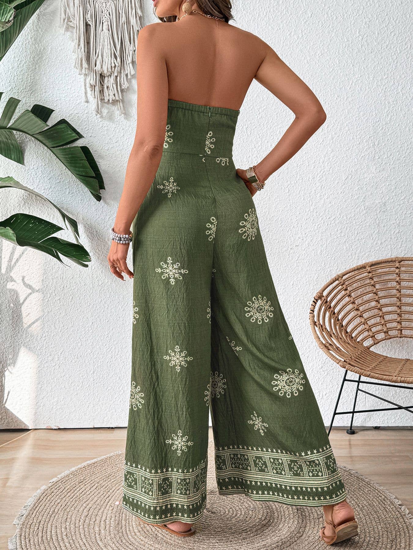 Strapless snowflake print high-waisted jumpsuits