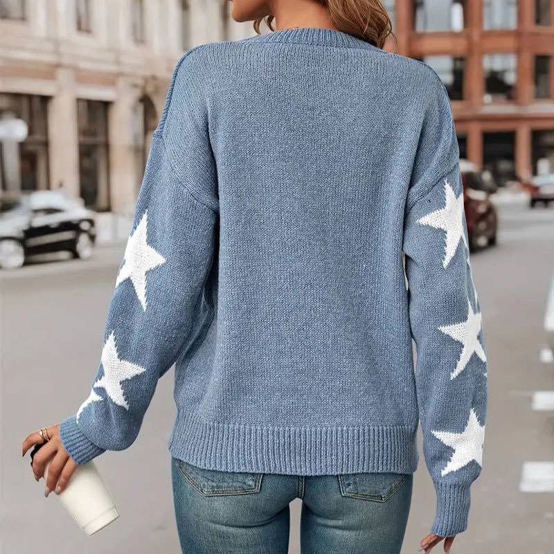 Five-pointed star jacquard round-neck sweater