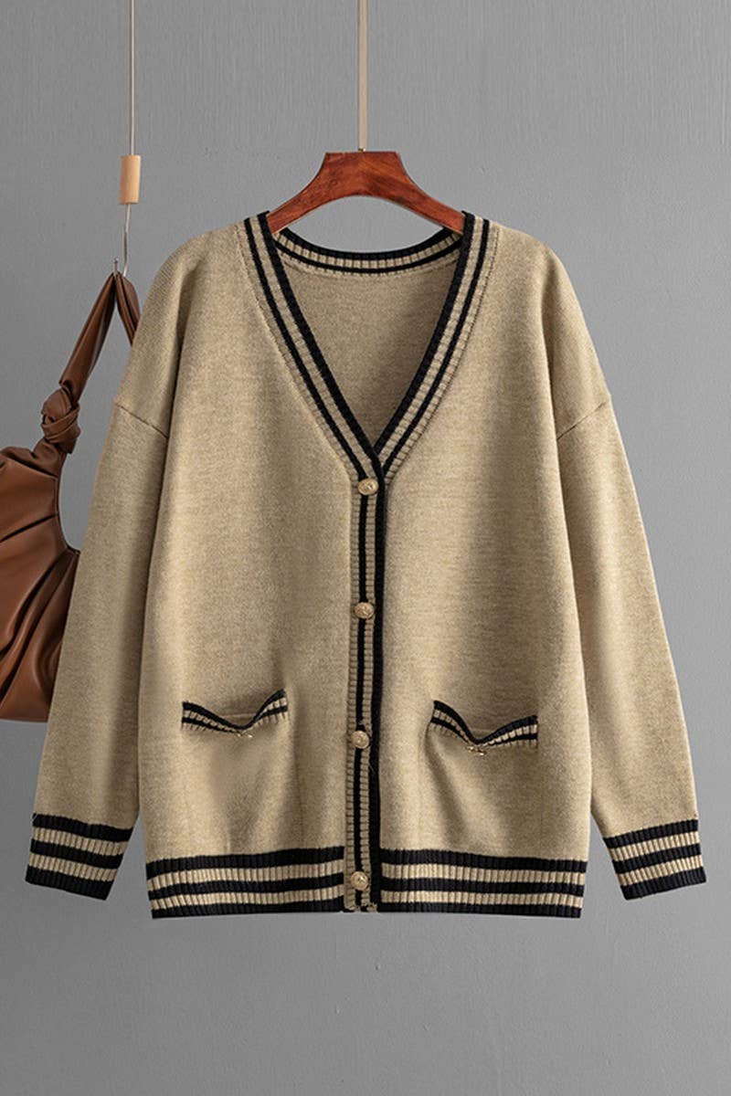 CWOCAL00677_COLORBLOCK V NECK LONGLINE LOOSE KNIT CARDIGAN