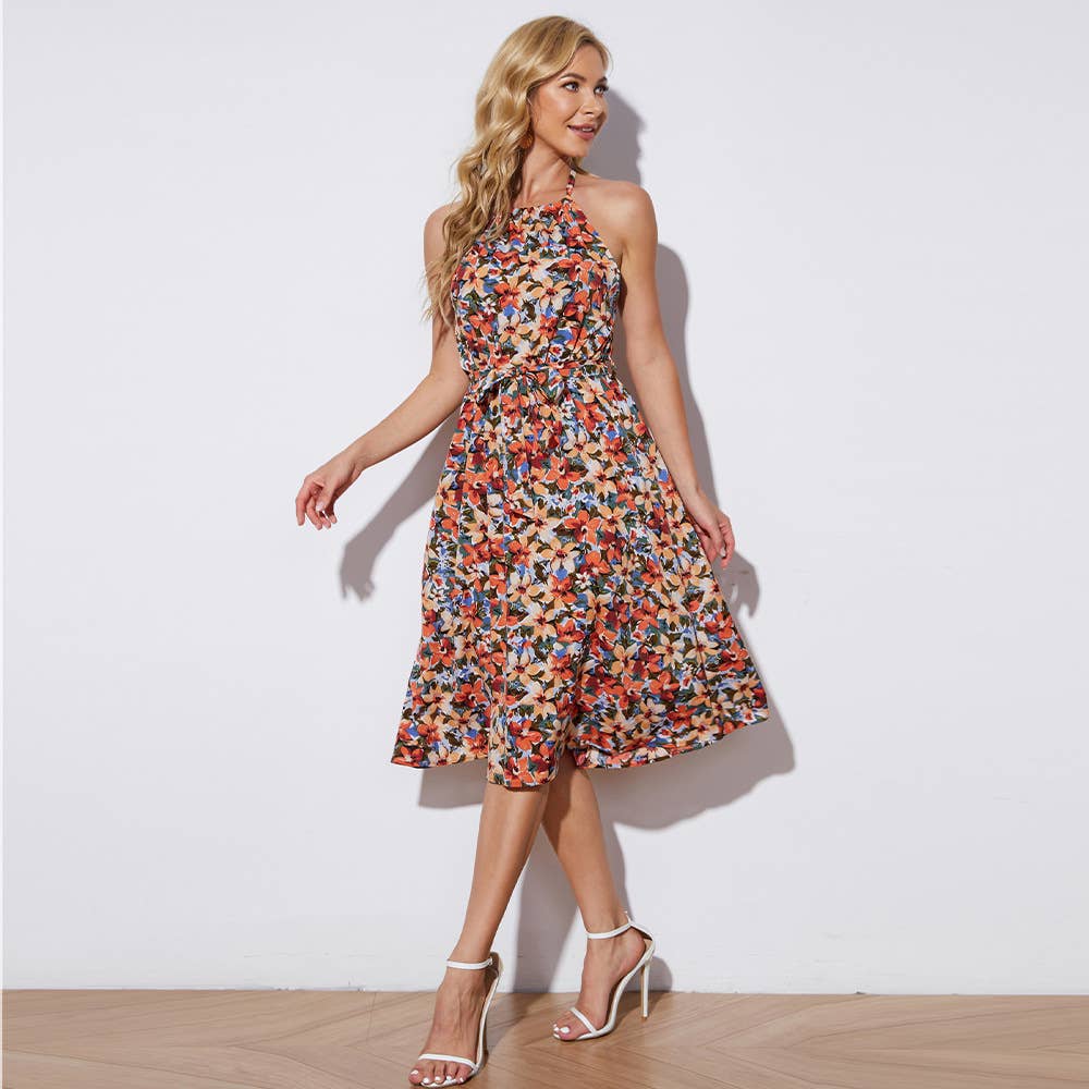 Mid-length printed dress with halter strap