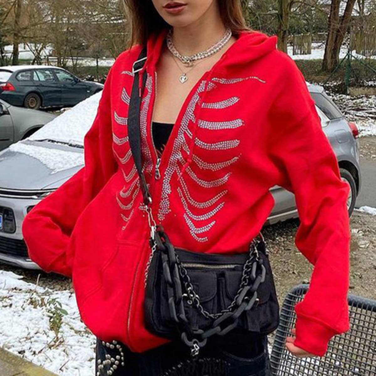 SOLID COLOR STERNUM IRON DRILL ZIPPER HOODIE