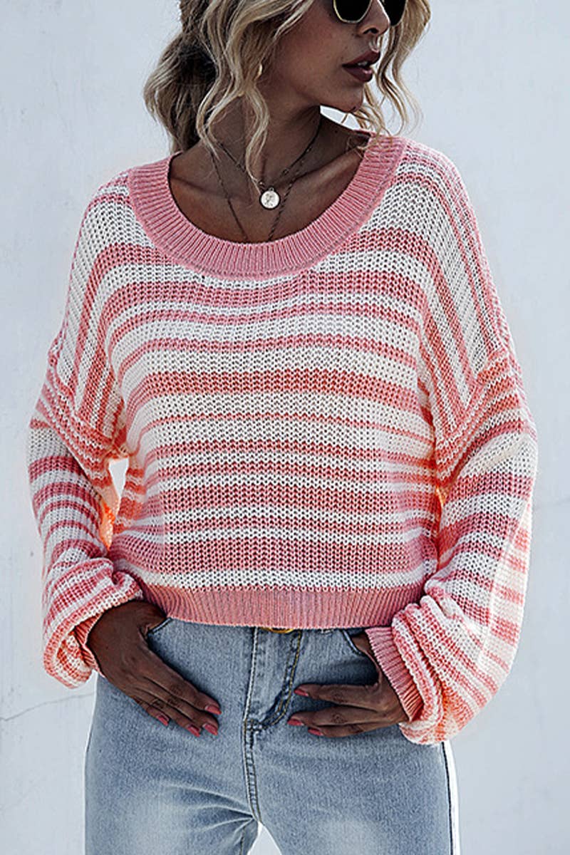 KNIT SHORT STRIPED COLOR MATCHING SWEATER