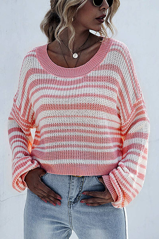 KNIT SHORT STRIPED COLOR MATCHING SWEATER
